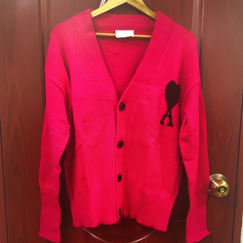 Ami Vibrant Red Cardigan with Black Heart Detail